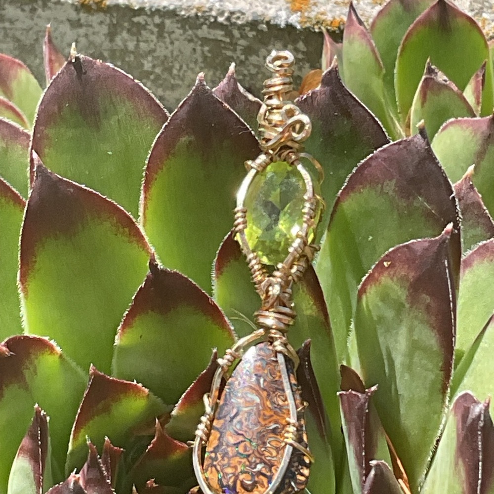 Bolder Opal and Sphene Good Wirewrap Pendant - Picture 2 of 5